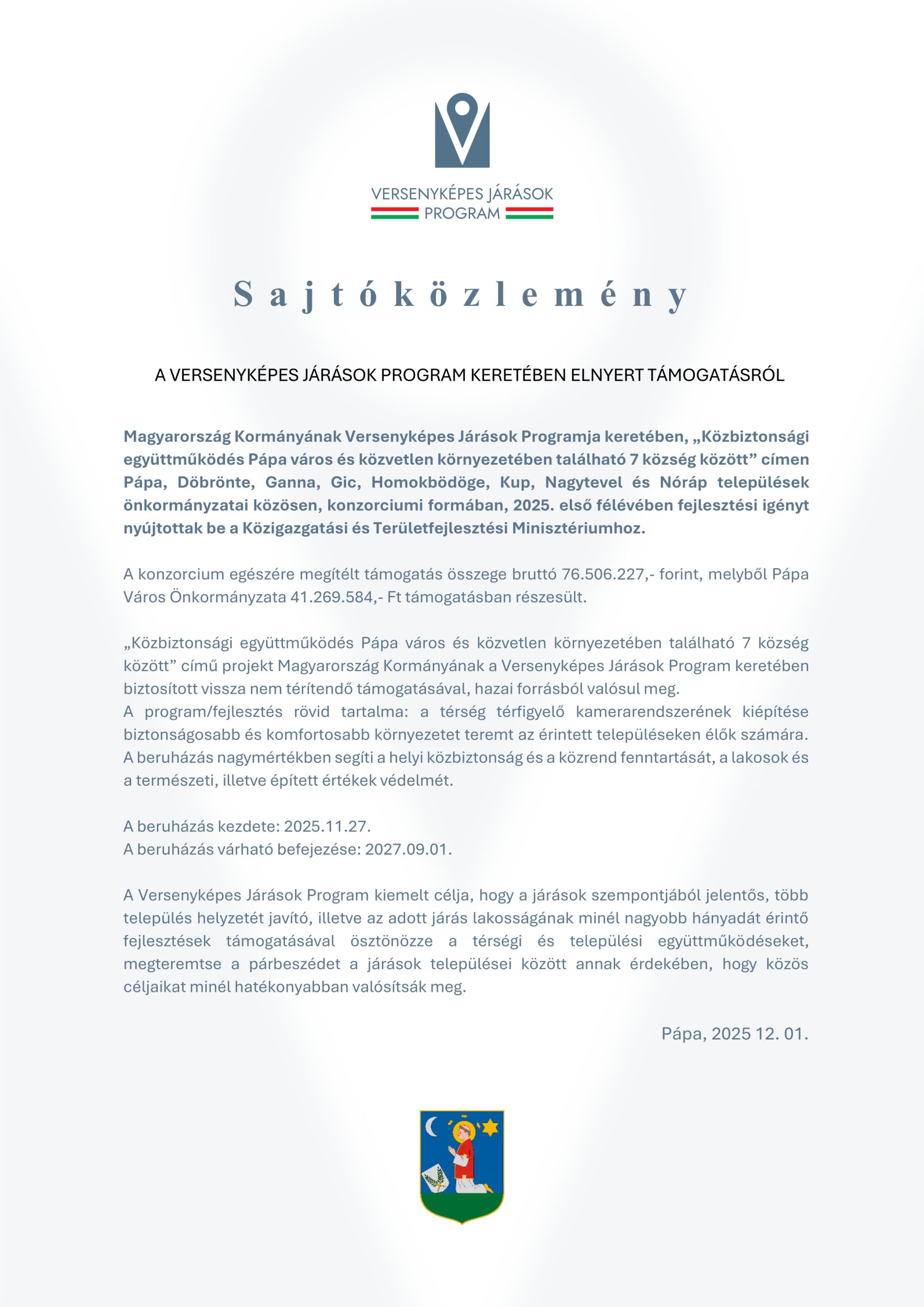 Sajtóközlemény – A VERSENYKÉPES JÁRÁSOK PROGRAM KERETÉBEN ELNYERT TÁMOGATÁSRÓL